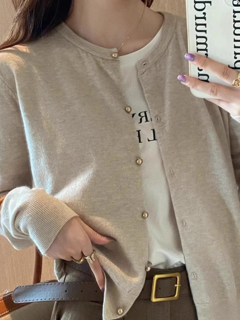 Korean Slim Fit Knit Cardigan for Women – Long Sleeve Single Breasted Casual Jumper