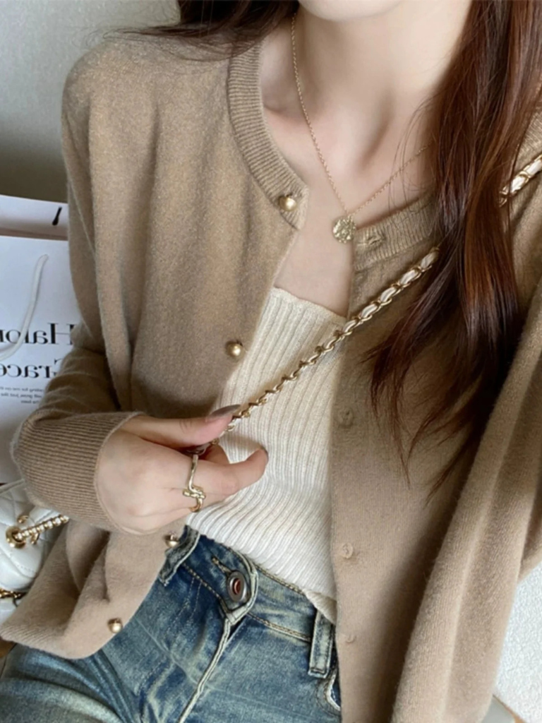 Korean Slim Fit Knit Cardigan for Women – Long Sleeve Single Breasted Casual Jumper