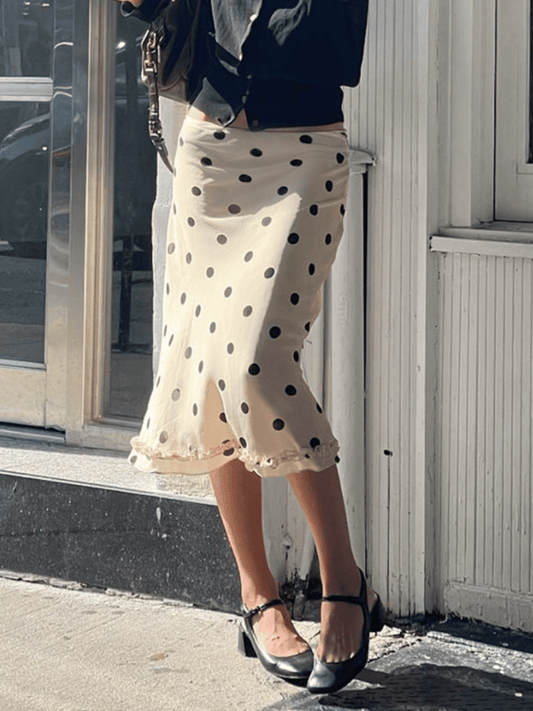 Elegant Beige Polka Dot Midi Skirt – Casual All-Season Streetwear for Women