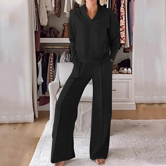 Women’s Soft V-Neck Lounge Set with Wide Leg Pants – Casual All-Season Outfit