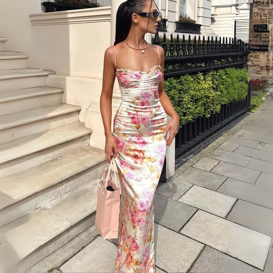 Floral Spaghetti Strap Maxi Dress – Elegant Summer Bodycon for Wedding Guests & Parties