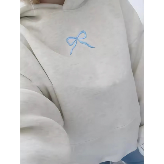 Chic Embroidered Bow Hoodie – Cozy Aesthetic Pullover for Women