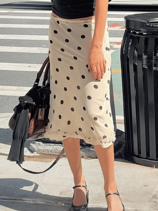 Elegant Beige Polka Dot Midi Skirt – Casual All-Season Streetwear for Women