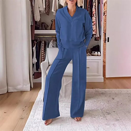 Women’s Soft V-Neck Lounge Set with Wide Leg Pants – Casual All-Season Outfit