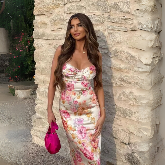 Floral Spaghetti Strap Maxi Dress – Elegant Summer Bodycon for Wedding Guests & Parties