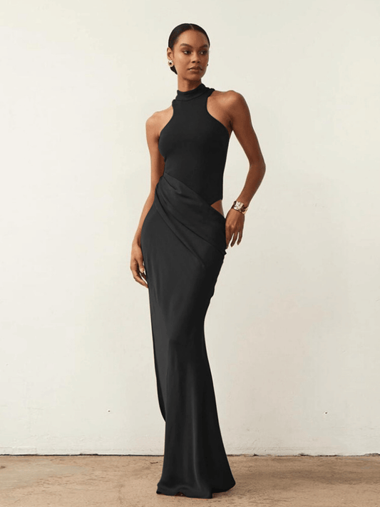Satin Hollow Out Maxi Dress for Women – Elegant Sleeveless High Waist Clubwear