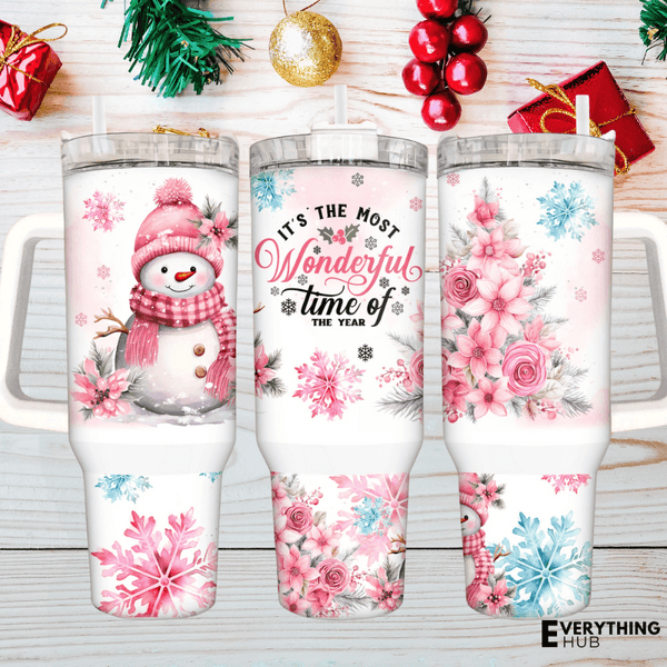 Pink Floral 40oz Snowman Tumbler  with Handle