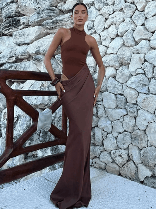 Satin Hollow Out Maxi Dress for Women – Elegant Sleeveless High Waist Clubwear