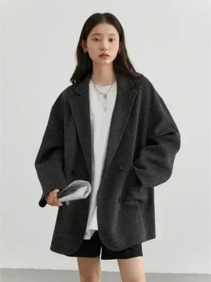 Women’s Wool Blend Double-Breasted Retro Coat – Elegant Office Lady Winter Outerwear