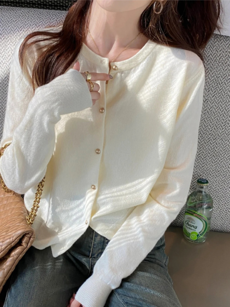 Korean Slim Fit Knit Cardigan for Women – Long Sleeve Single Breasted Casual Jumper