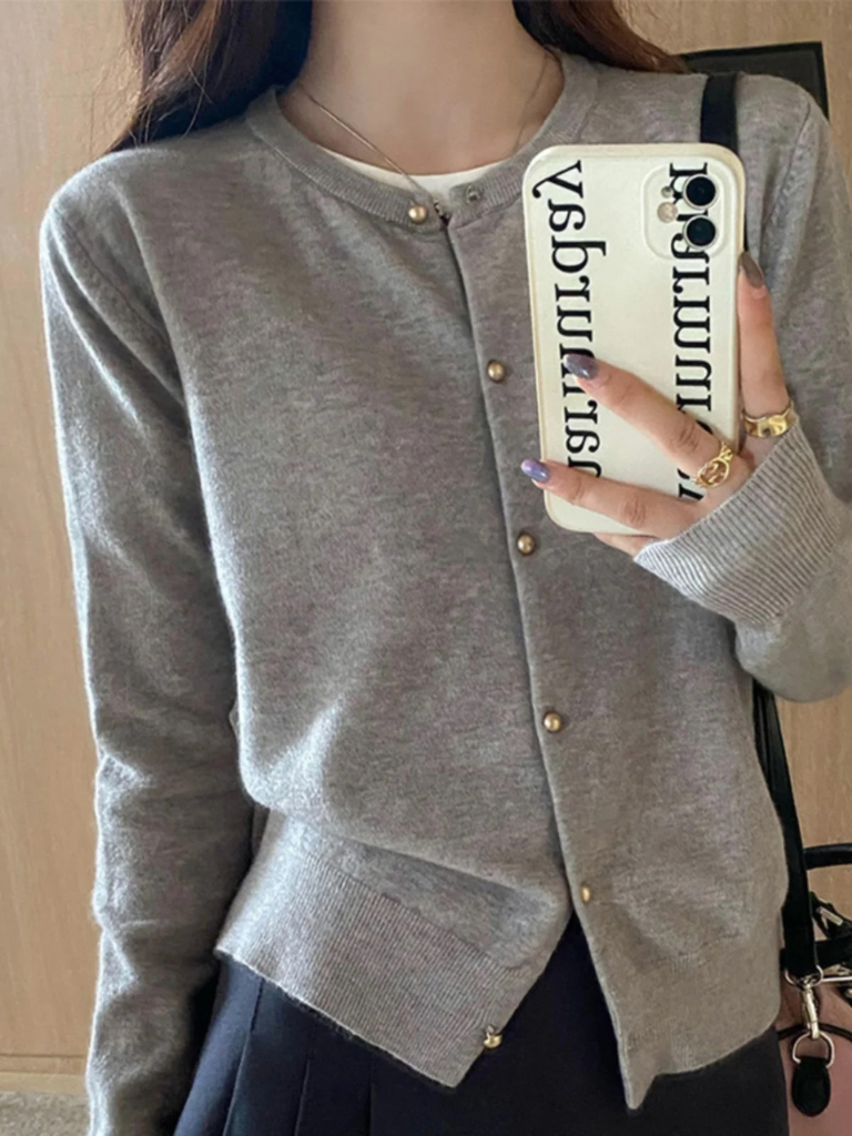 Korean Slim Fit Knit Cardigan for Women – Long Sleeve Single Breasted Casual Jumper